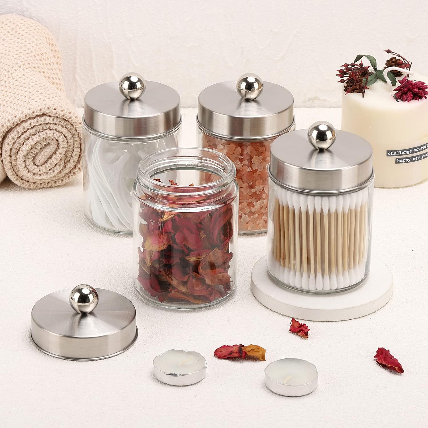 Tbestmax Glass Qtip Holder Dispenser, 10-Ounce Bathroom Containers Apothecary Jars with Metal Lids for Cotton Ball Swab Pad (4 Pack)