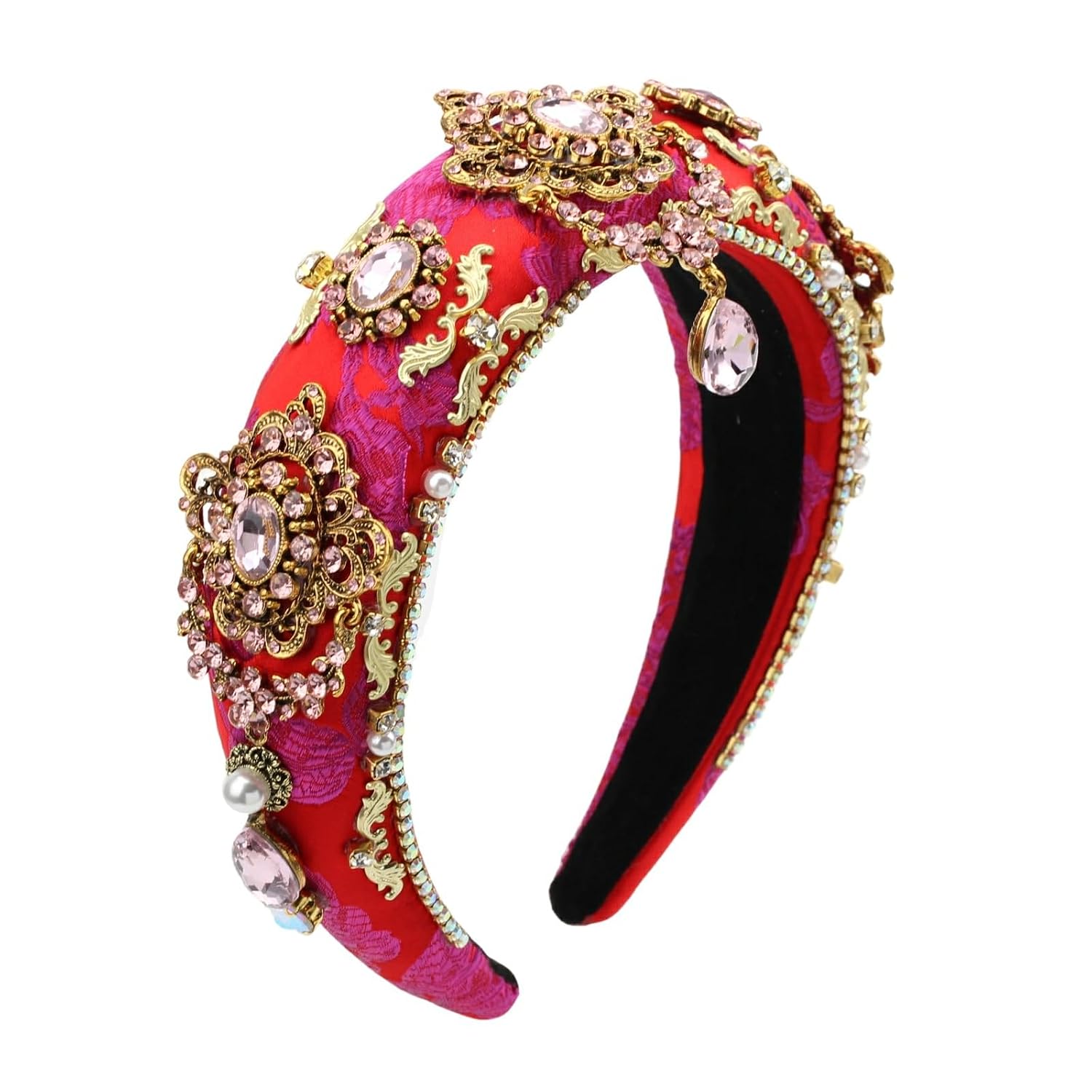 Big Crystal Flower Headband for Women Rhinestone Pearl Luxury Decorative Bead Royal Sponge Hairband Hair Hoop Accessories (H1128-rosy)
