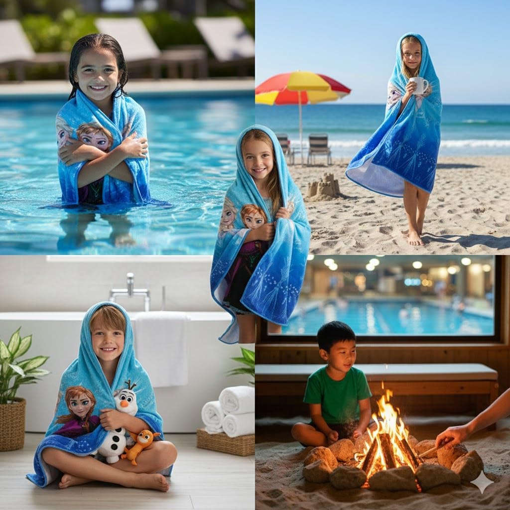 Disney Frozen Kapuzenhandtuch für Kinder – 100 % Baumwolle, weich und saugfähig, Strand-, Pool- oder Badewickel (58,4 x 129,5 cm)