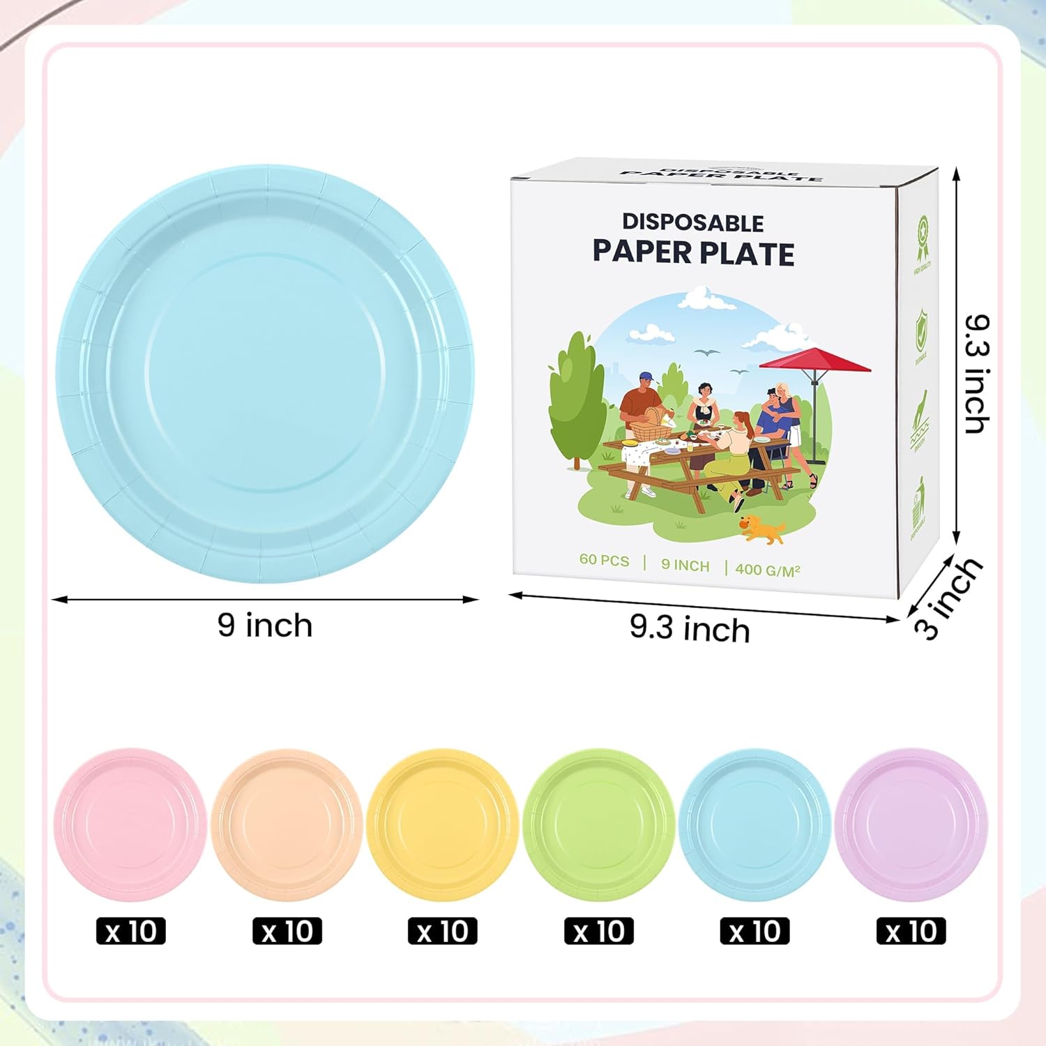 Kochorie 60 Pieces Pastel Rainbow Disposable Paper Plates 9 Inch Heavy Duty Dinner Plates, Solid Color, Table Decorations Party Supplies for Birthdays, Weddings, Daily Use
