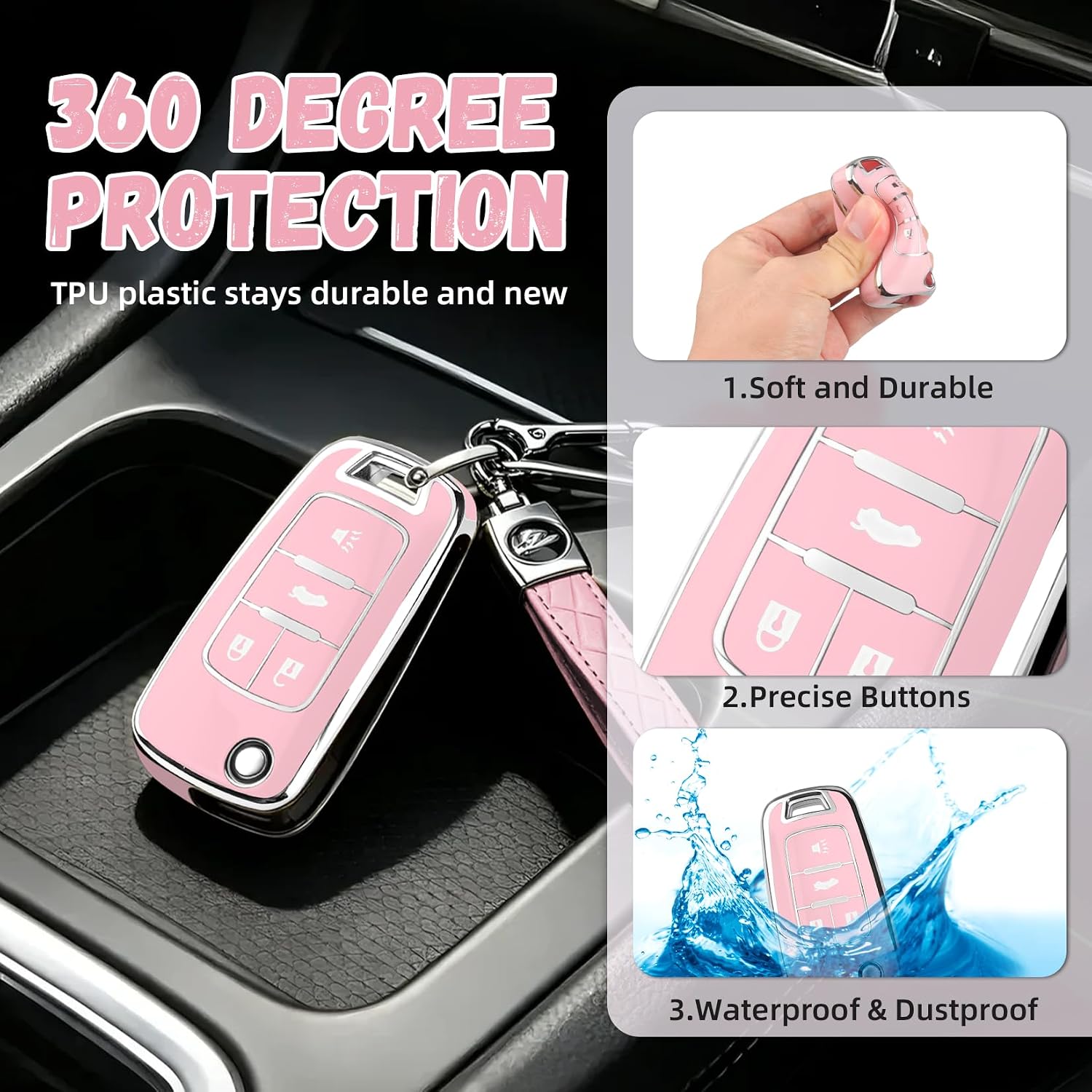 for Chevy Key Fob Cover, Premium Soft TPU Full Protection Key Cover | for Chevy Equinox Camaro Cruze Malibu Sonic Impala Trax for Buick Terrain 2010-2019 (Pink, 4-Buttons)