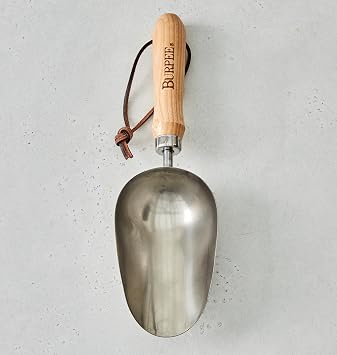 Burpee 15" Stainless Steel Soil Scoop | Durable Long Lasting Garden Tool | Leather Wrist Strap 5" Handle, Oak