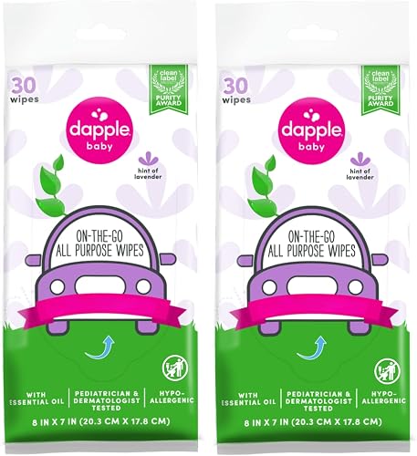 Dapple Baby All Purpose Wipes, Hypoallergenic & Powered by Plants Cleaning Wipes, Hint of Lavender, 30 Count (Pack of 2)
