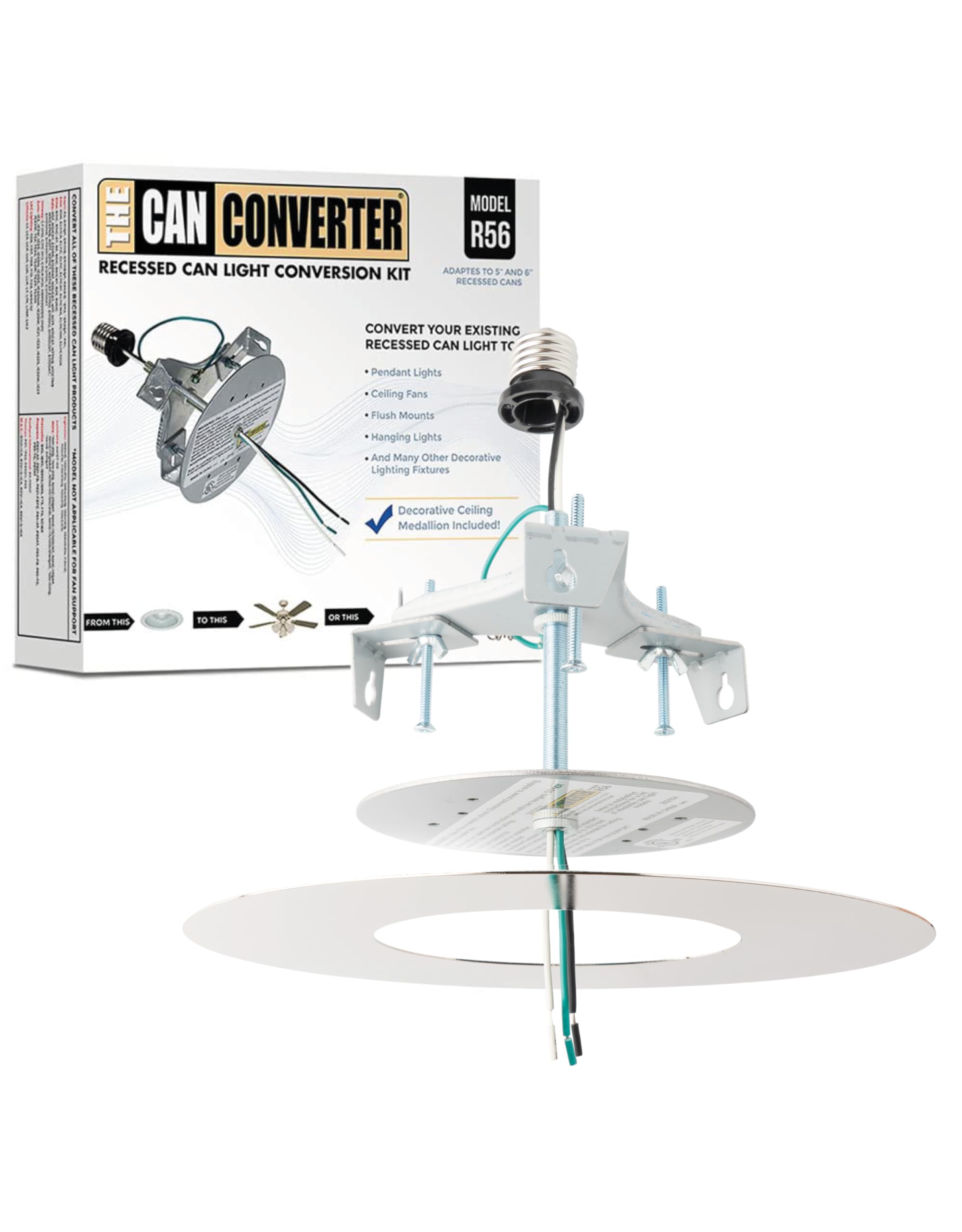 The Can Converter R56 Recessed Can Light Conversion Kit w/ 7"¾ Flat Ceiling Medallion - Home Improvement for 5" &amp; 6" Cans, Converter Kit for Ceiling Fan &amp; Light Fixture, UL Certified, Polished Nickel