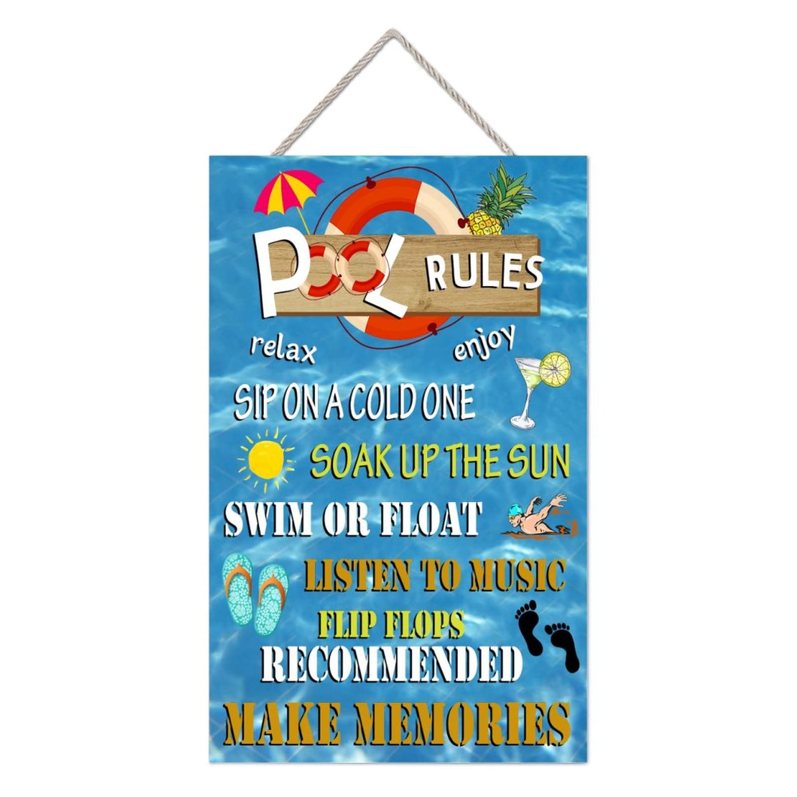 MISSUYSA Retro Wood Sign Pool Rules Hanging Sign Hello Summer Wall Decoration Outdoor Swimming Pool Decor Pool Sign 10x16 inch