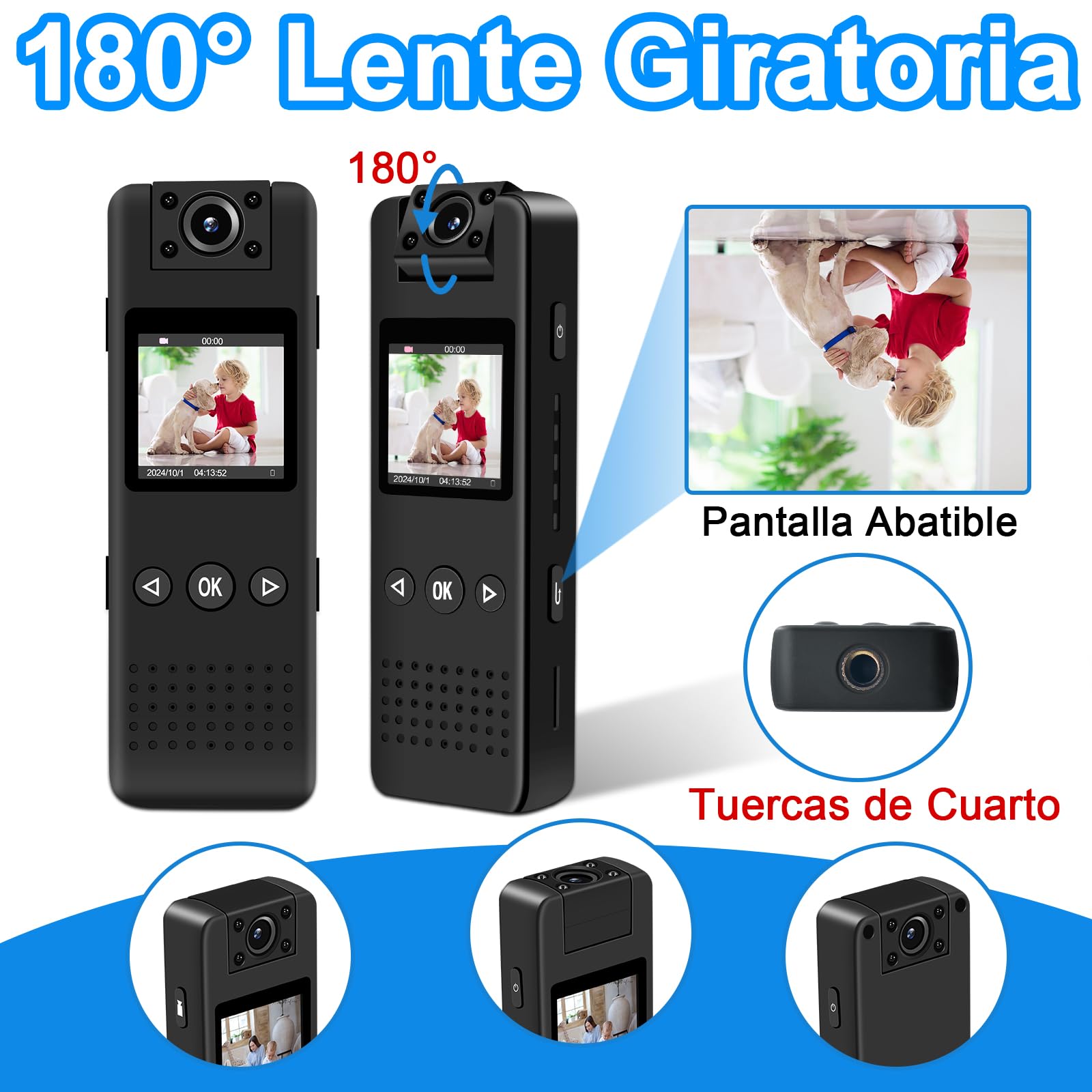 Mini Camara, 1080P HD & 120° Gran Angular Body CAM con Lente Giratoria180°, Visión Nocturna Automática & Detección de Movimiento Microcamara con Grabación de Vídeo y Audio