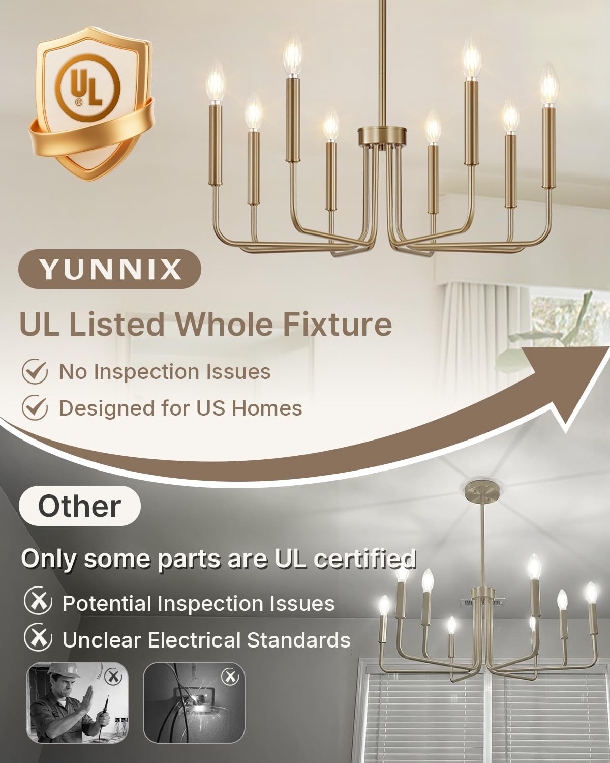 Yunnix 8 Light Champagne Bronze Chandelier, Farmhouse Chandelier for Dining Room Light Fixture Hanging, UL Listed Industrial Modern Chandelier for Bedroom, Kitchen, Living Room, No Assembly Required image 2