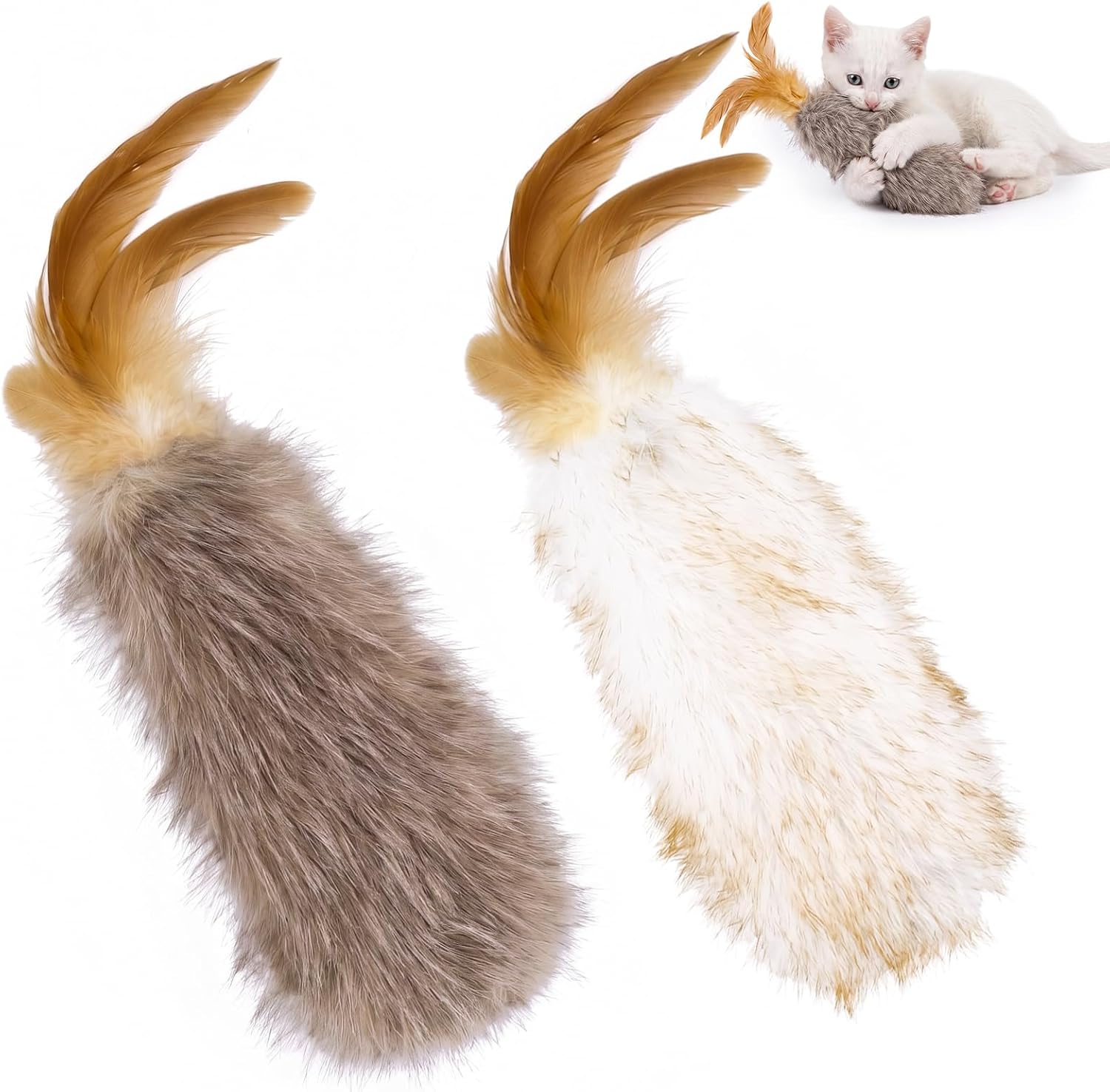 Migipaws 2-Pack Plush Cat Toys with Natural Feather & Catnip, Soft Fluffy Tail & Interactive Hanging Ring for Wand Attachment, Durable Bite-Resistant Kitten Teaser for Indoor Play
