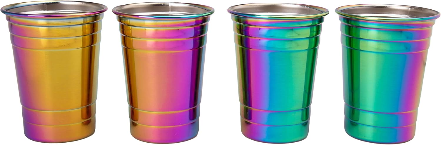 D'Eco Rainbow Stainless Steel Party Cups (4 Pack, 16 oz) - Reusable, Stackable, BPA-Free Metal Tumblers - Shatterproof Drinking Cups for Parties, Games, College, Entertaining, Outdoor & Everyday Use