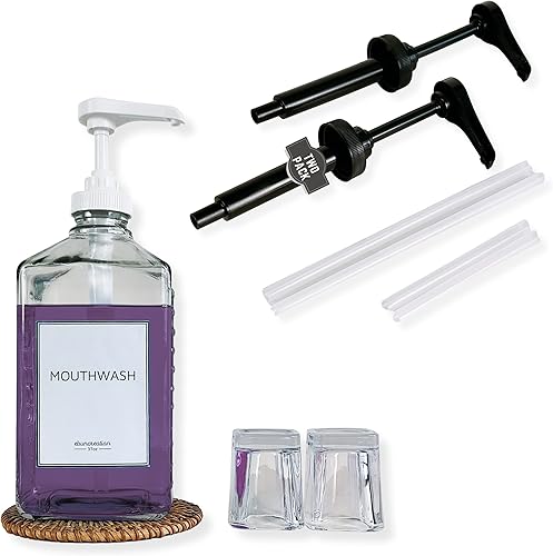 eBun Dispensador de enjuague bucal de vidrio con bomba blanca y dispensador de bomba de galón, paquete de 2 unidades, color negro