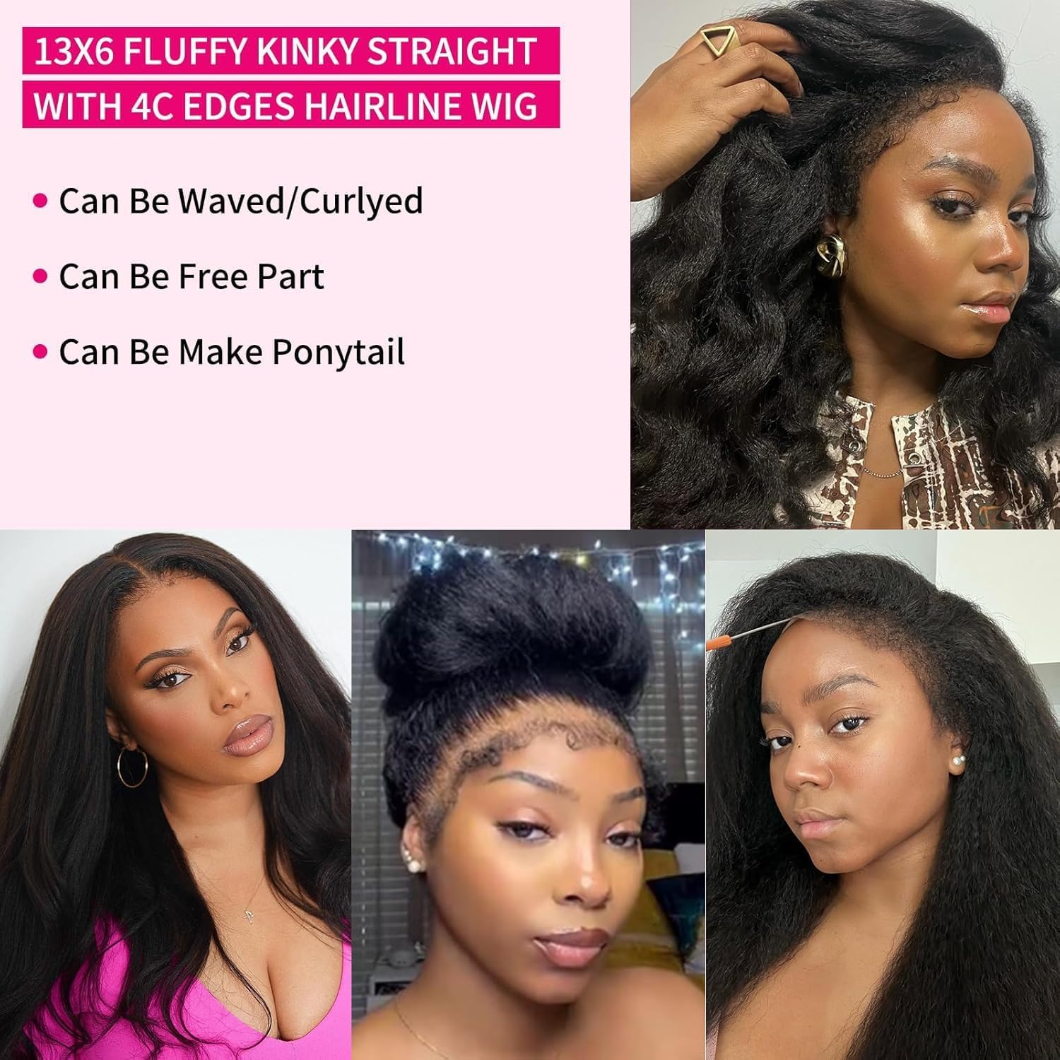 200% Density 4C Edges Kinkystraight Wig Human Hair 13x6 UHD Lace Frontal Wigs Pre-Cut Pre-Plucked Yaki Straight Human Hair Wig RAW Virgin Hair Black Pre-Bleached Tiny Knots 18 Inch