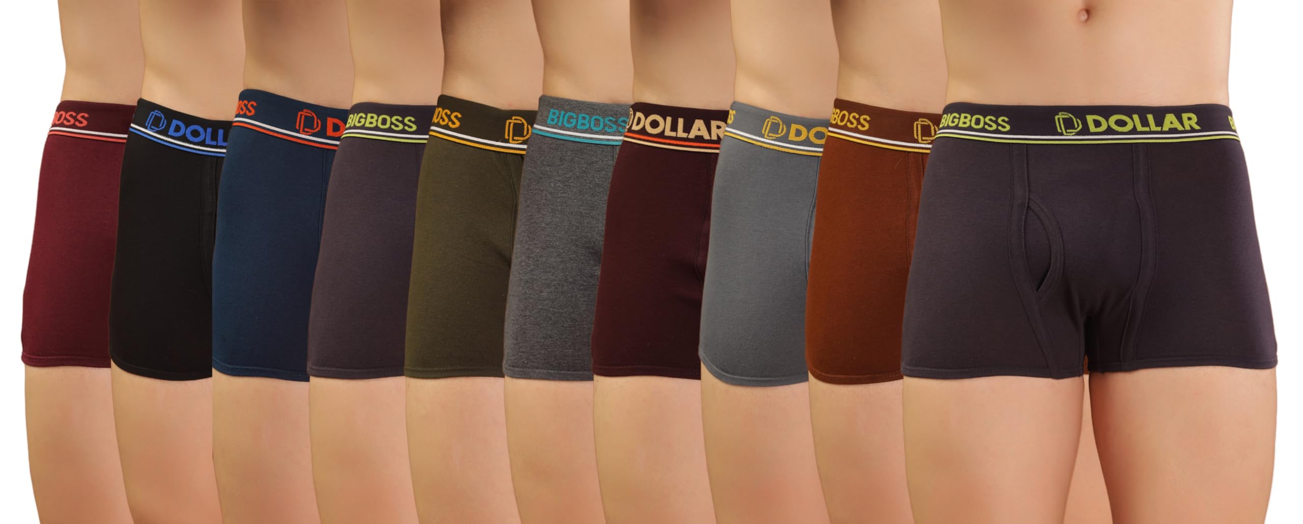 Men's Assorted Pack of 10 Solid Combed Cotton Trunk with Double Pouch Support-image-40