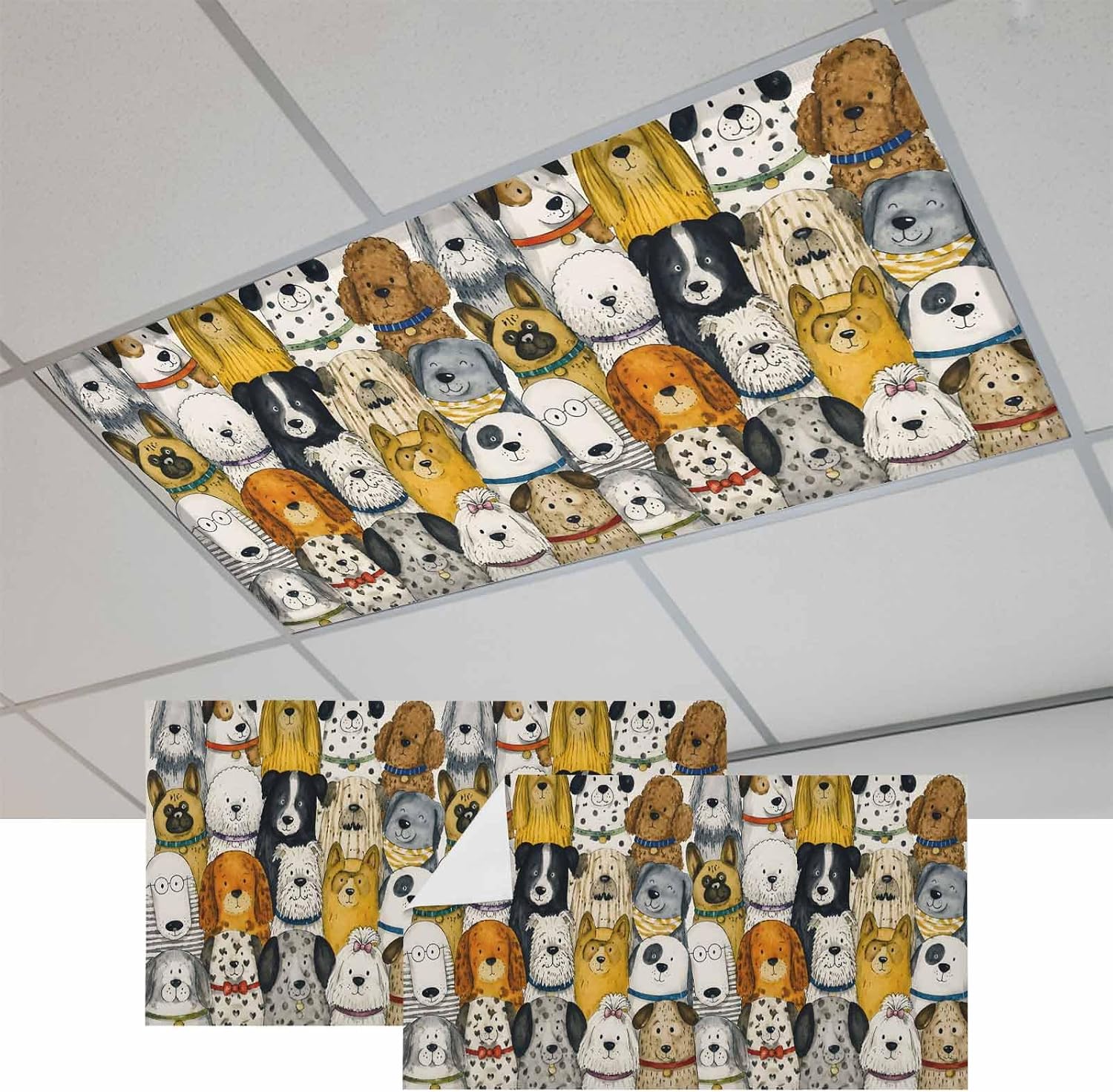 Cartoon Fluorescent Light Covers 2 Pack Colorful Watercolors Cute Crowded Dog Furry Animals Magnetic Fluorescent Ceiling Lights Filters for Office Classroom Home Drop Ceiling 4x2 Feet