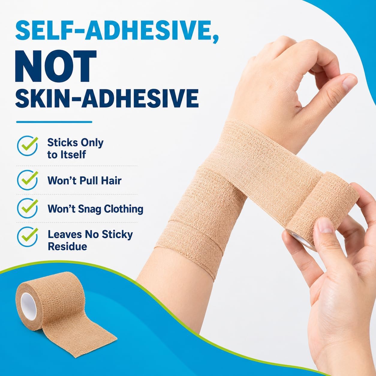Self-Adhering Elastic Bandage, Skin Tone, Non-Woven, 5cm x 4.5m, for Wrist, Ankle, Knee, Elbow Support