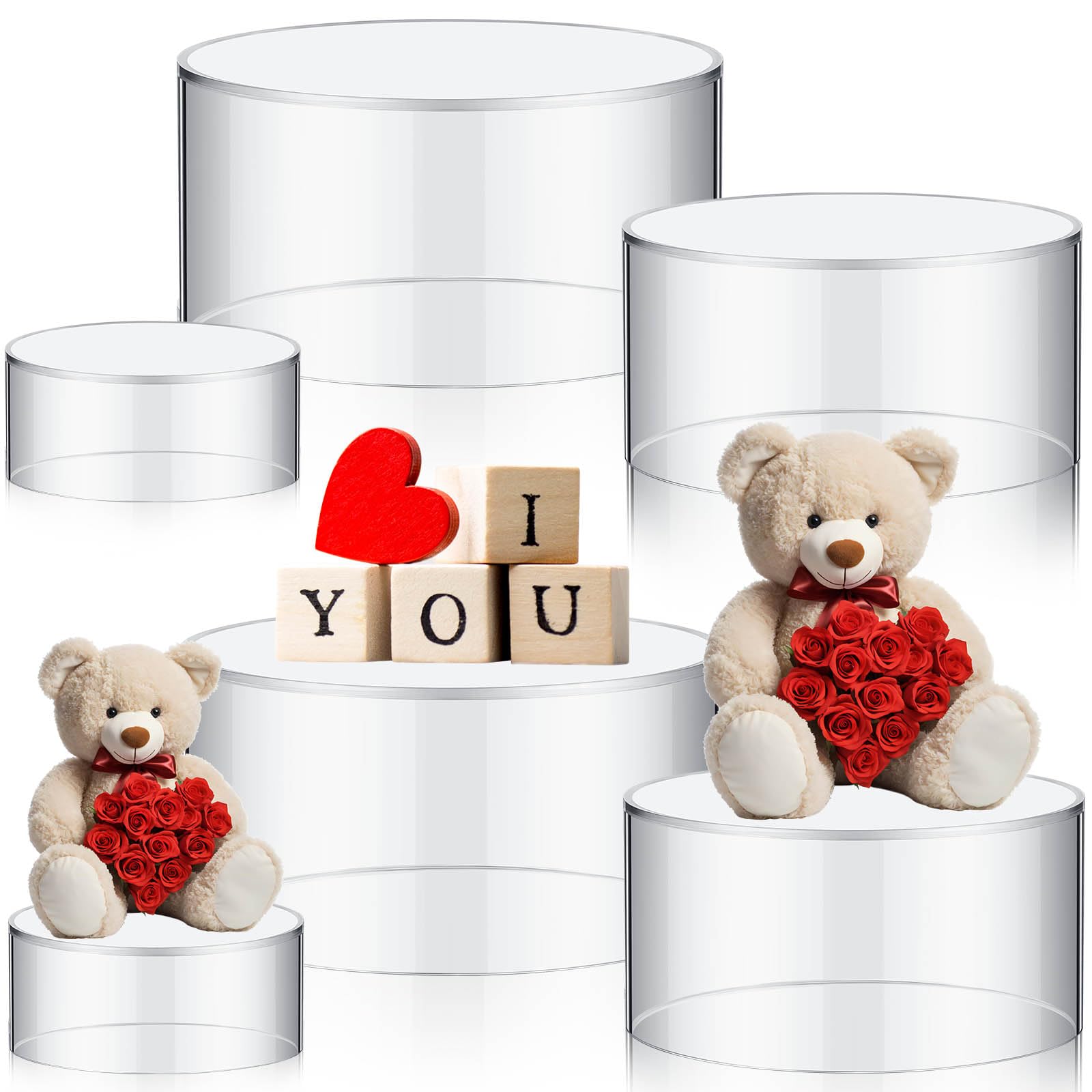 Jerify 6 Pcs Acrylic Risers Display Stands, 5.91'' 5.12'' 3.54'', Clear Round Nesting Pedestal Shelf with Hollow Bottom for Tabletop Jewelry Display, 3 Sized