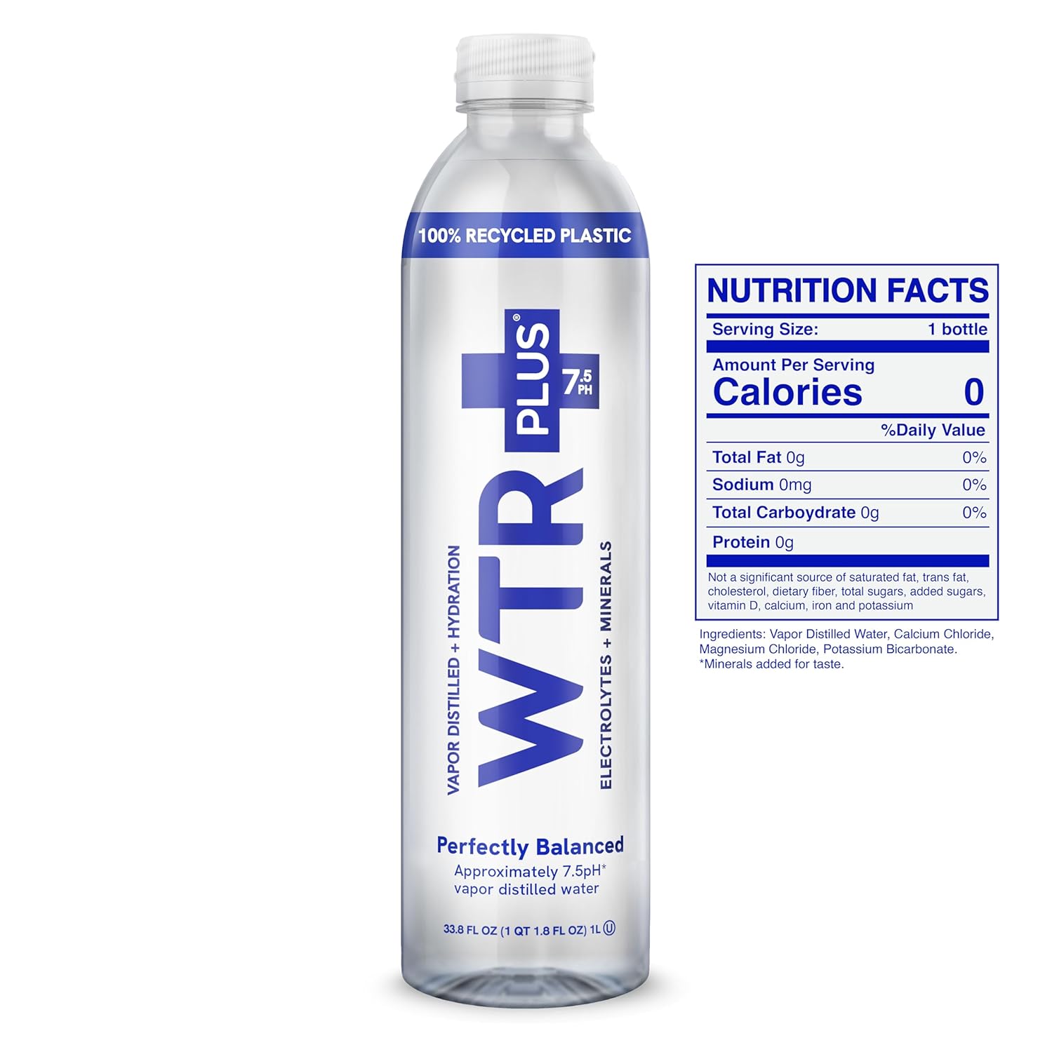 WTR+ Vapor Distilled Water, 1 Liter (Pack of 12) Bottled Water, 7.5 pH Alkaline Water with Electrolytes for a Crisp, Refreshing Taste