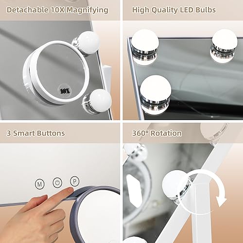 Miniatura 6 de Espejo de tocador con luces, 12 bombillas LED regulables, espejo Hollywood desmontable, 10 aumentos, control táctil, espejo de maquillaje recargable