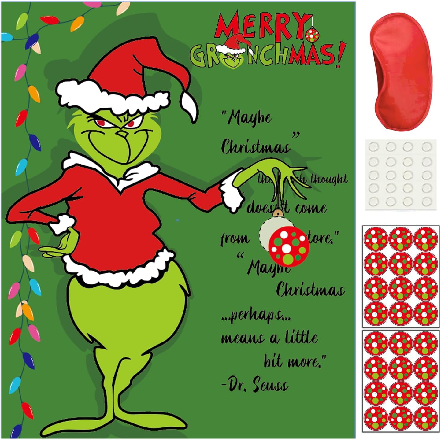 Volsha Pin the Light Ball on the Grinch Game, 52×42cm Christmas Party Game for Kids Girls with 24 PCs Birthday Party Supplies for Wall Home Room Decorations