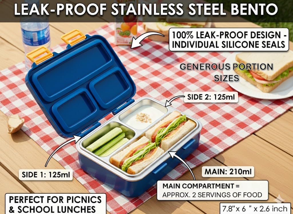 Small Bento Box for Toddlers & Snacks – 3-Compartment with Leak-Proof Lid, Spoon & Stainless Steel Tray – 20 x 15 x 6.8 cm BPA-Free, Dishwasher Safe - Fun Space Design for School & Travel (Blue)