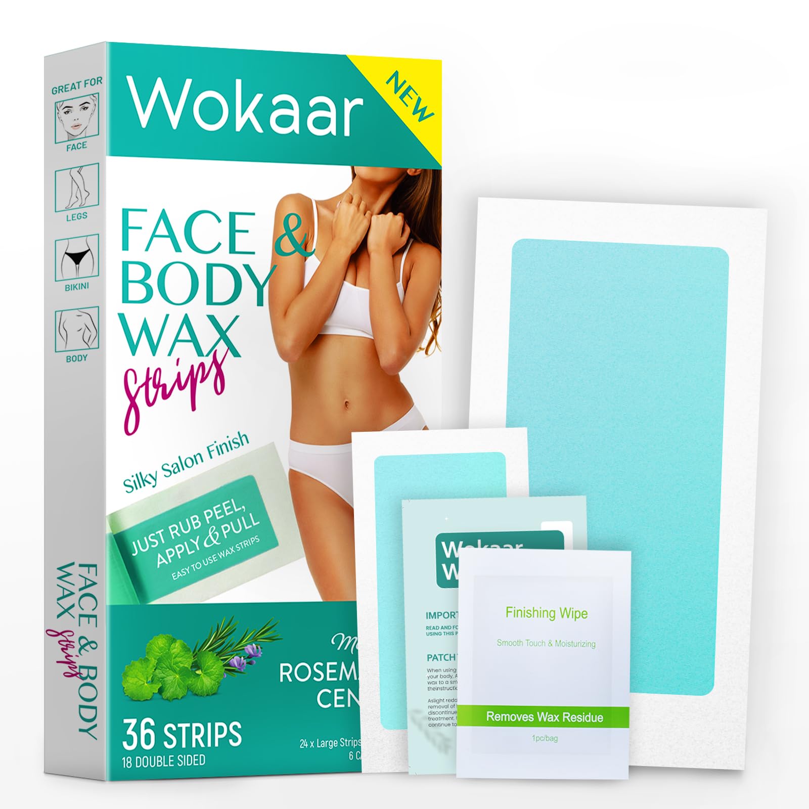 Bikini Wax Strips for Women & Men | 42 Count Centella Asiatica Body Waxing Strip | Wokaar Hair Removal Kit for Facial, Legs, Eyebrows, lip (24 Body +