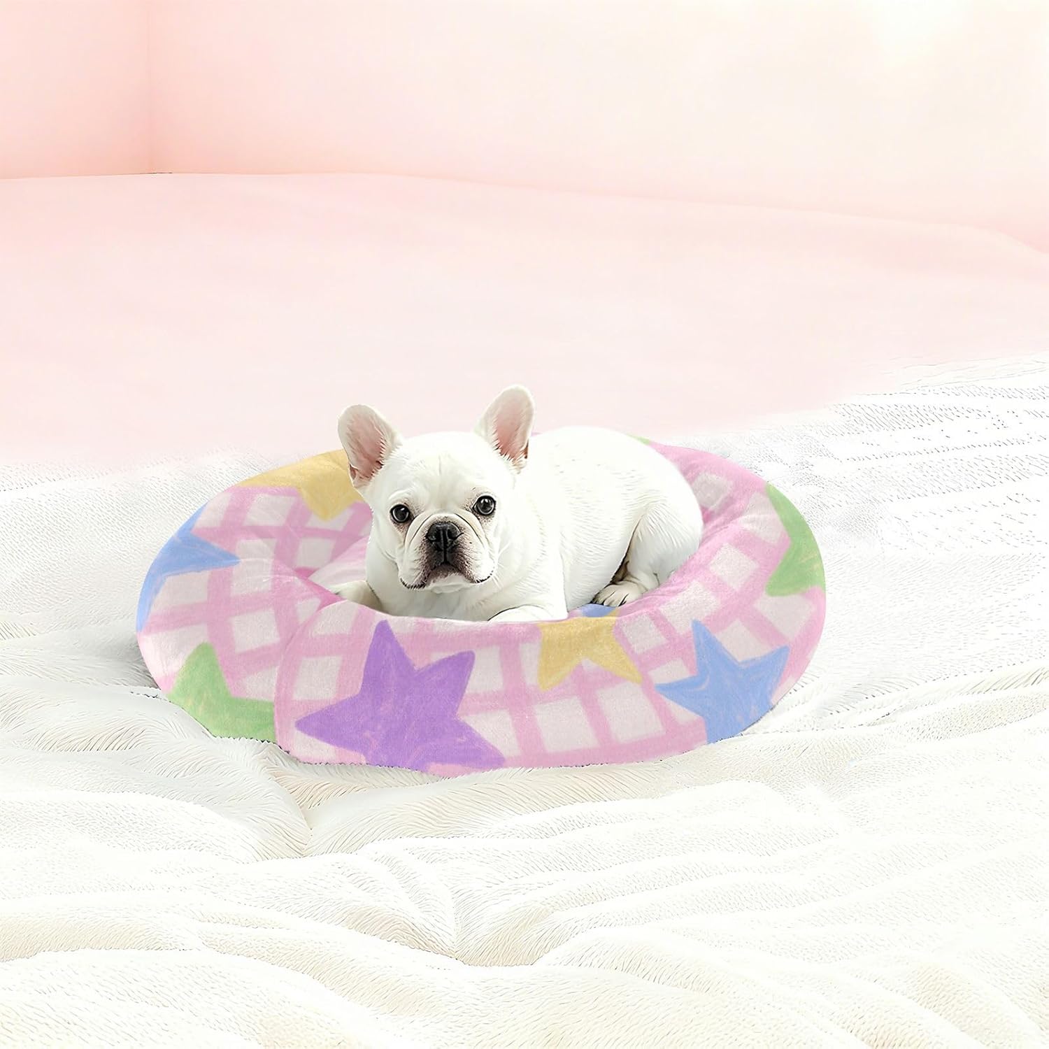 Cute Cartoon Stars Pink Pet Cat Bed Donut Cuddler Dog Pillow Bed for Medium Size Pets Supplies M