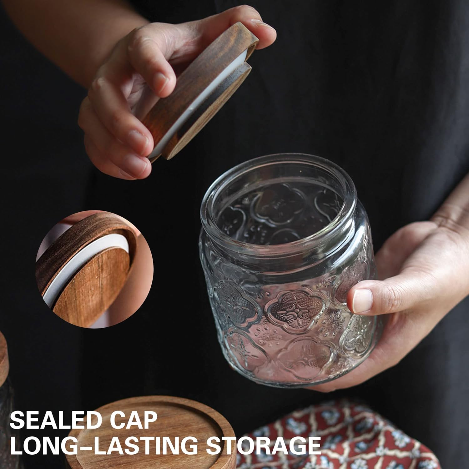 Glass Jar with Lid,4 PCS Airtight Glass Food Storage Container Set,Square Clear Glass Jars Wide Mouth Food Storage Canister with Wooden Lid for Sugar Coffee Beans Tea Spice Oats Snacks (450ML)