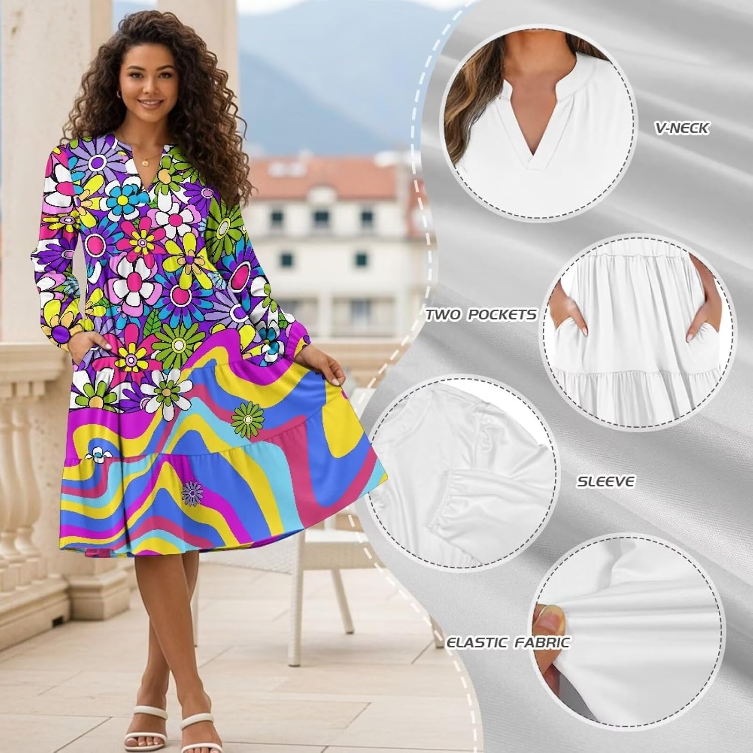 Womens Doll Sleeves Fall Dresses V Neck Midi Dresses Fashion Casual Fit Flowy Tiered Boho Beach Vacation Sundress