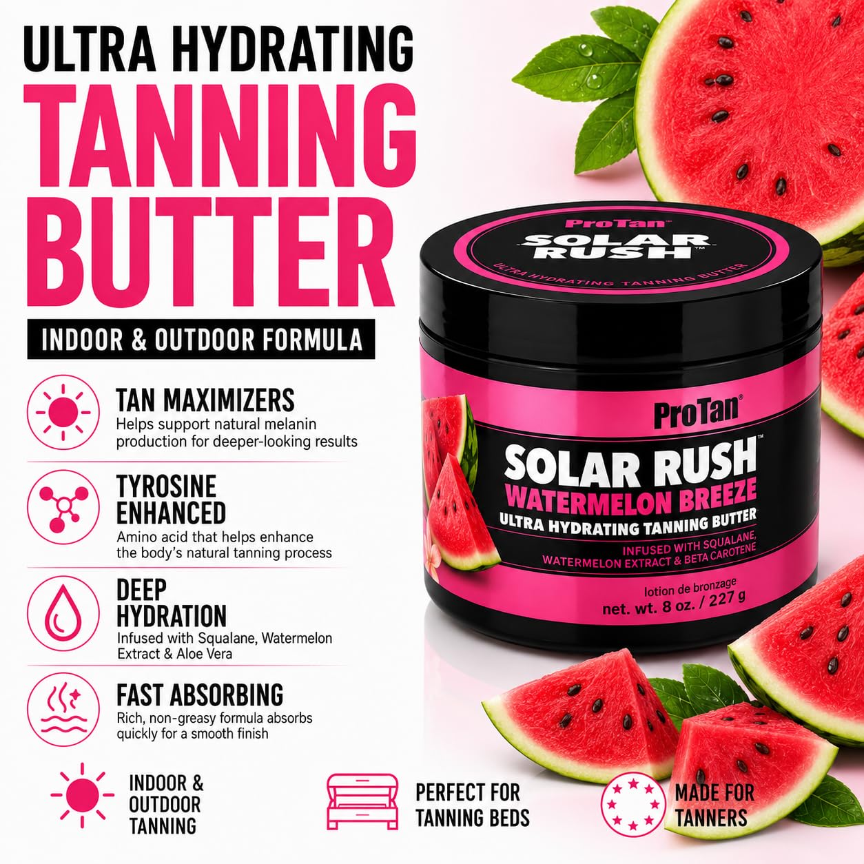 Solar Rush Watermelon Breeze Tanning Butter for Indoor & Outdoor, 8 fl oz | Watermelon Extract Hydrating Tanning Butter, Tanning Lotion Squalane, Tyrosine, Beta Carotene, Aloe Vera, Shea Butter