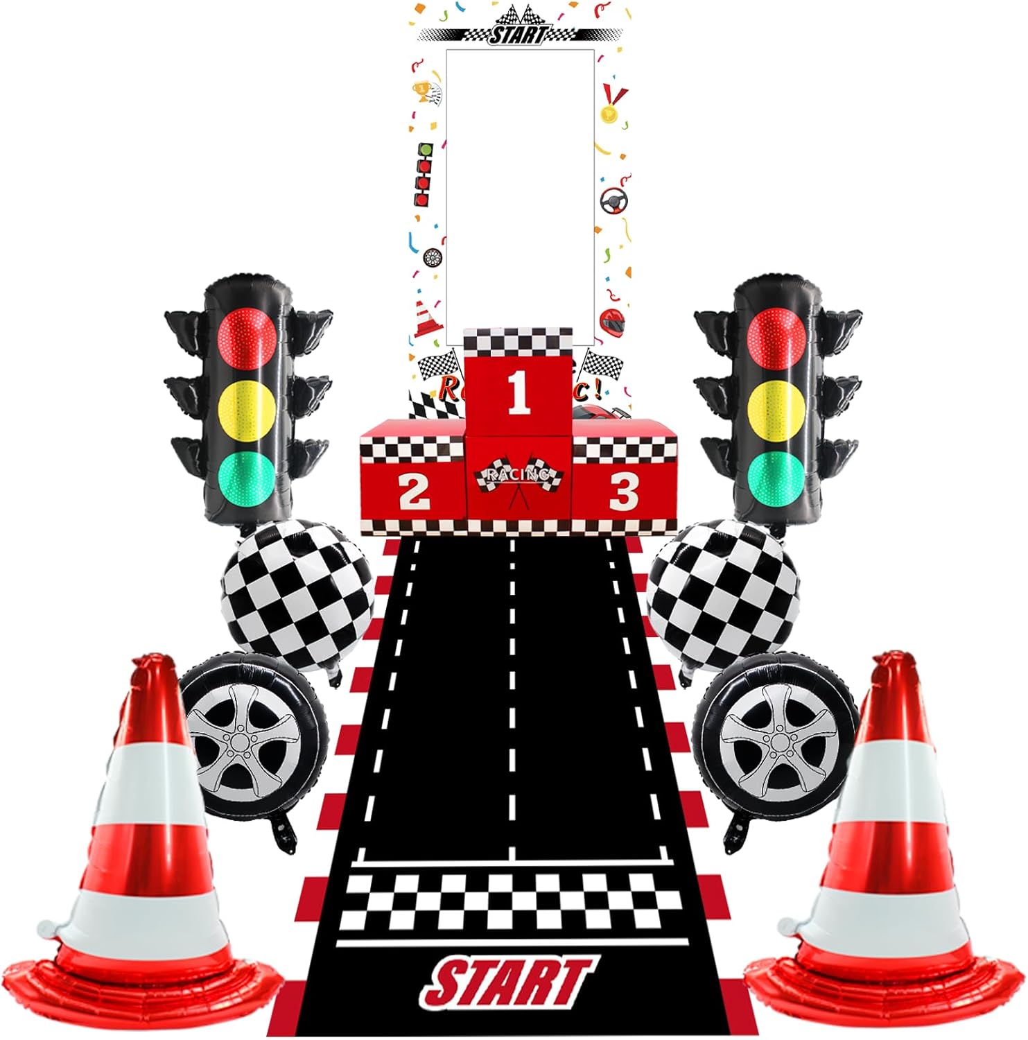 14 PCS Race Car Birthday Party Decorations with 8 Traffic Balloons ,4 Prize Boxes ,Racetrack Floor Runner , Race Track Backdrop for Birthday Decor Truck Theme Race Party Decorations