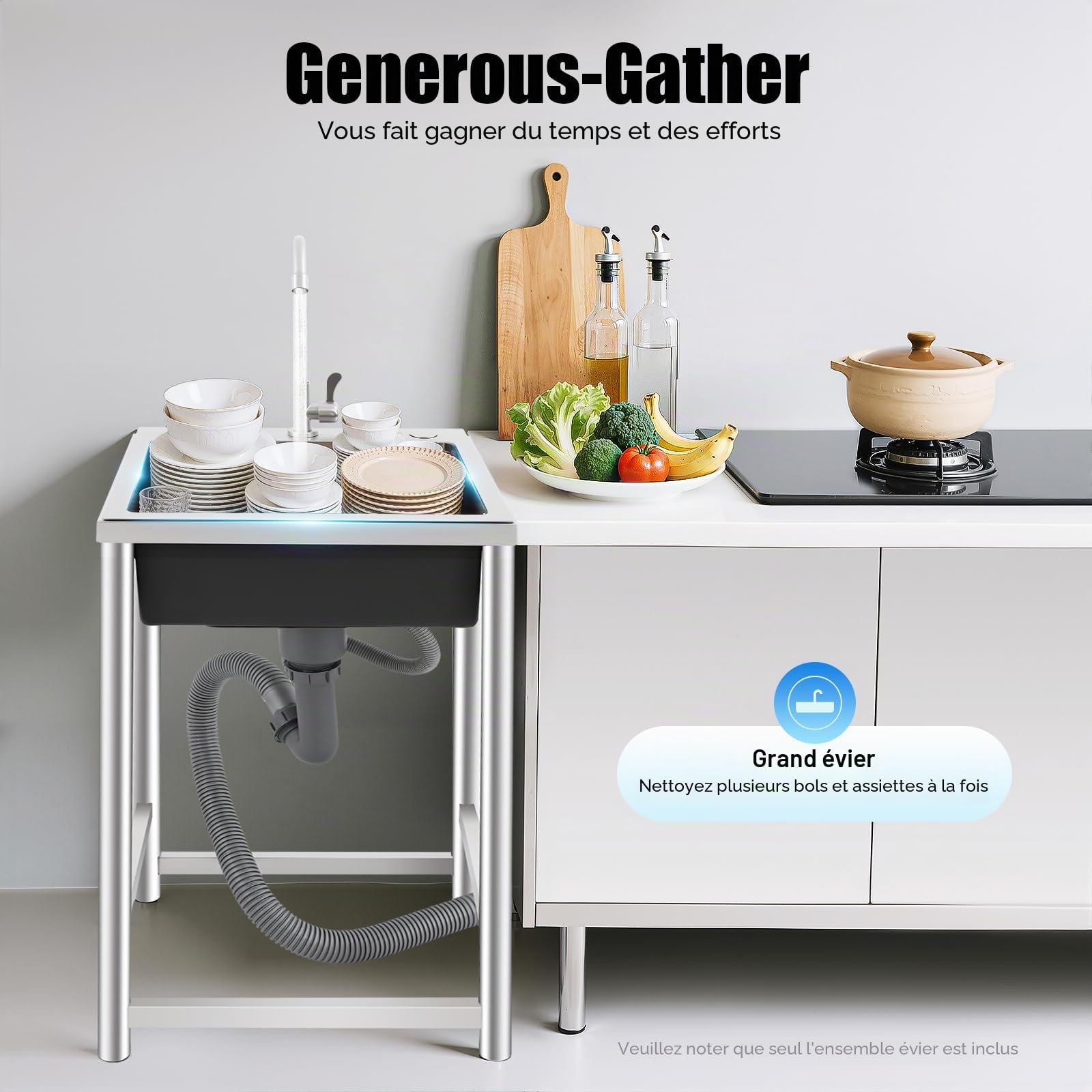 Évier de cuisine en acier inoxydable Évier autonome, évier de cuisine en acier inoxydable avec robinet 360° Évier commercial, évier extérieur avec 1 bac, 45 x 41 x 75 cm, capacité de charge