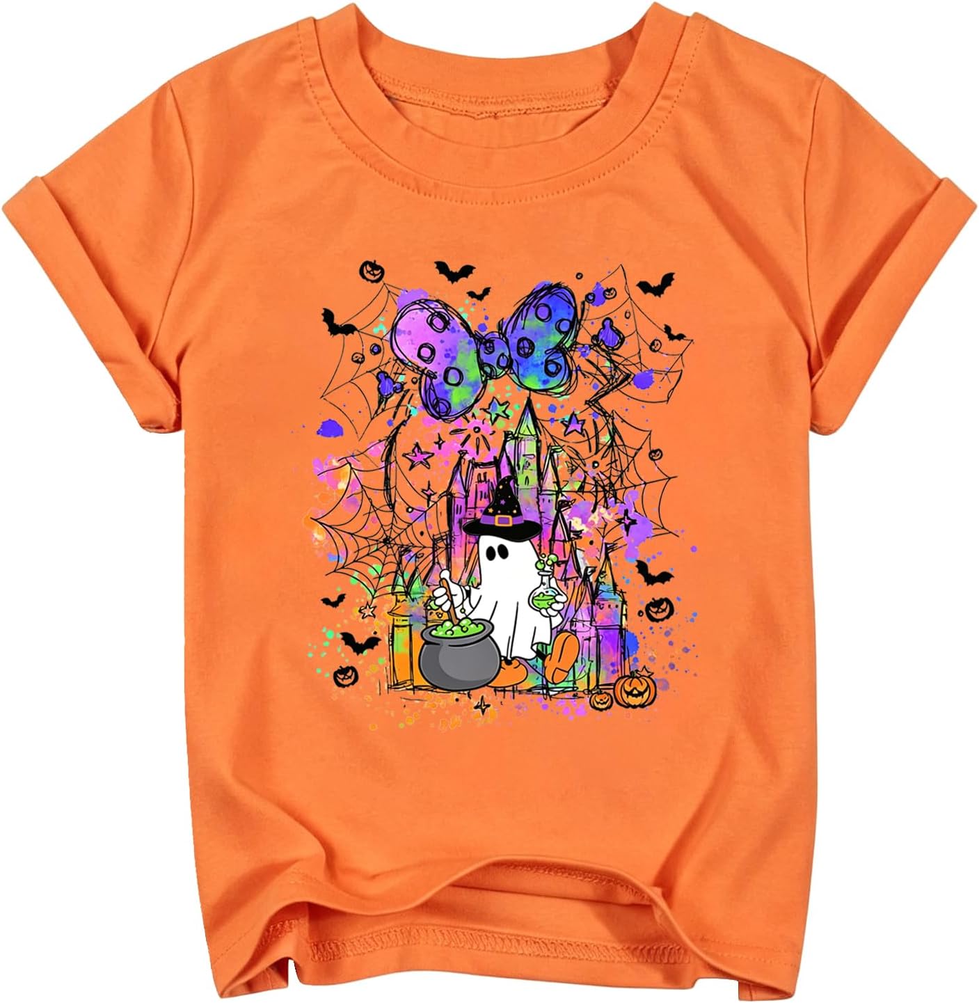 Girls Boys Cute Bow & Tie Dye Ghost Halloween Short Sleeve T-Shirt