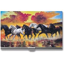 Niapessel Business Card Holder, Horse Running Print Pocket Slim Portable Metal Business Card Case for Women Men, 3.7X2.2X0.3 Inch