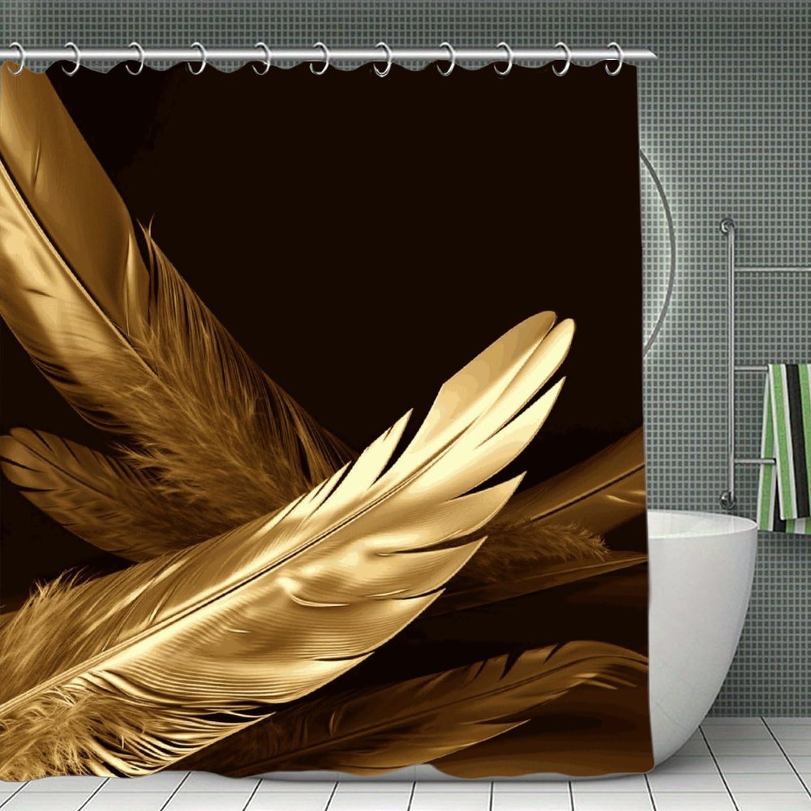 FekiLoot Golden Feathers Shower Curtain with Hooks Modern Farmhouse Bathroom Curtain Waterproof Cloth Bath Curtains Cute Washable Blackout Privacy Curtains for Bathroom Bathtub 70.8"x70.8"