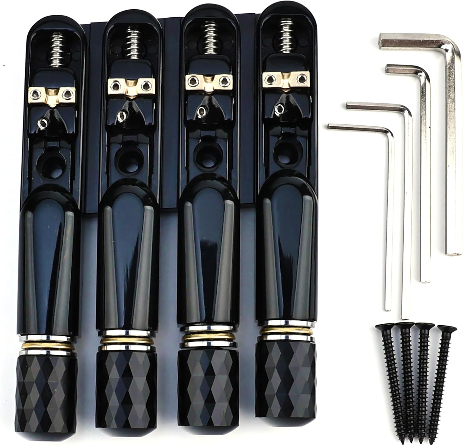 4-String Headless Bass Bridge 19mm Adjustable Fixed Bridge with Brass Saddles Zinc Alloy Plate，Stable Tuning, Easy Installation，Fits for 4 String Headless Bass Replacement Parts Black