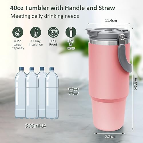 Miniatura 9 de INDARUN Vaso de 30 oz con asa y popote, botella de agua de acero inoxidable con aislamiento de doble pared, taza para café, viaje frío hasta 24 horas