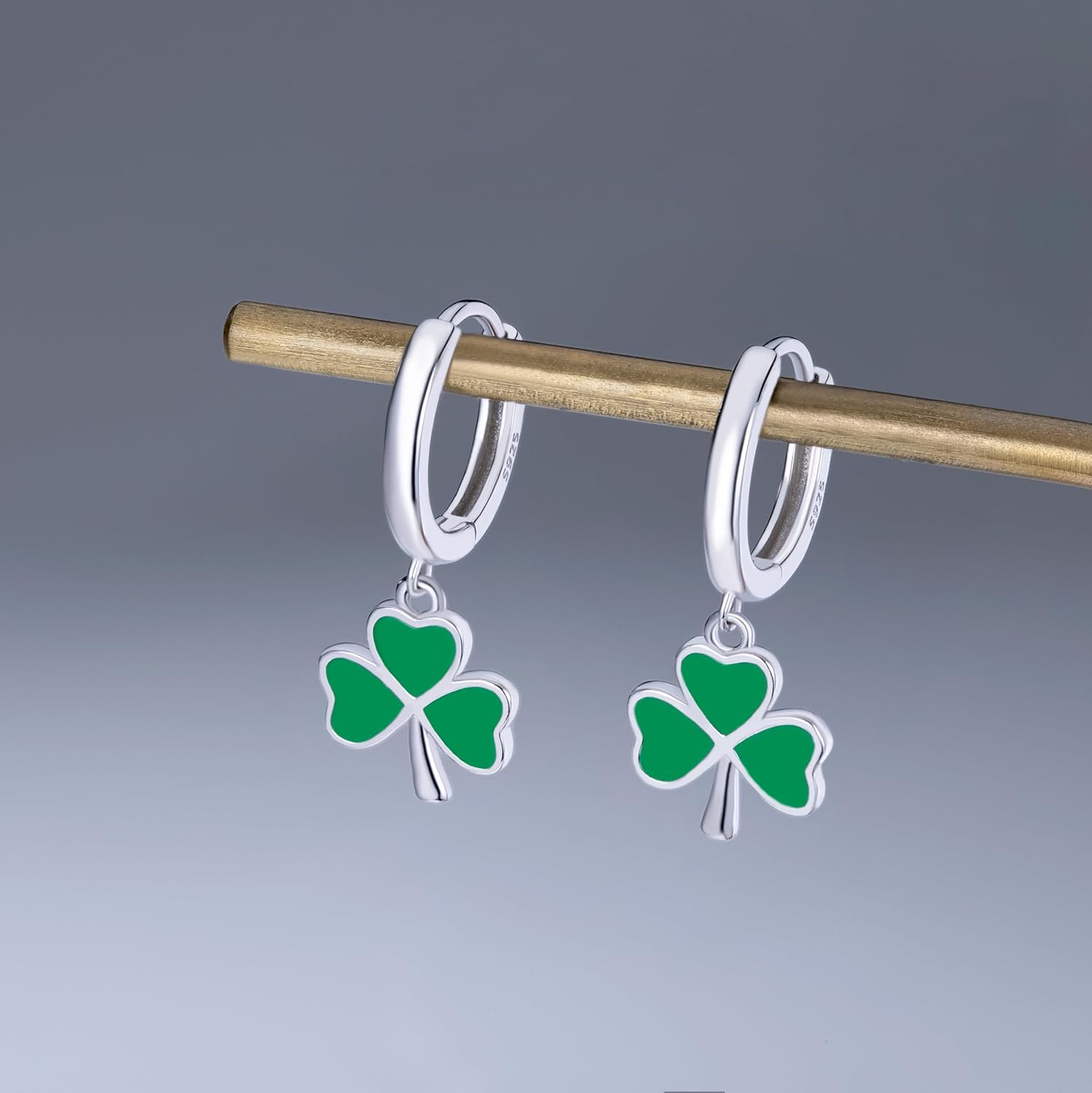 Reffeer Solid 925 Sterling Silver Green Clover Hoop Earrings for Women Teen Girls Shamrock Earrings Hoop Green Leaf Earrings