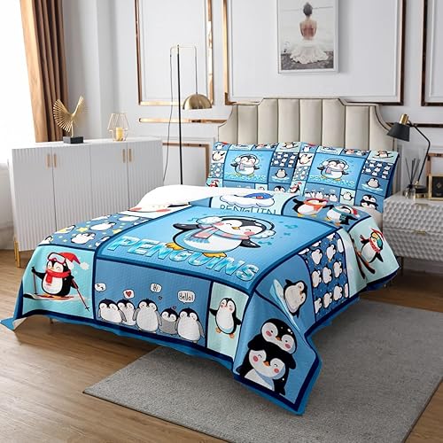 Miniatura 3 de Colcha de pingüinos de dibujos animados para niños, tamaño King, bonito juego de colcha de esquí de animales árticos, decoración de habitación de