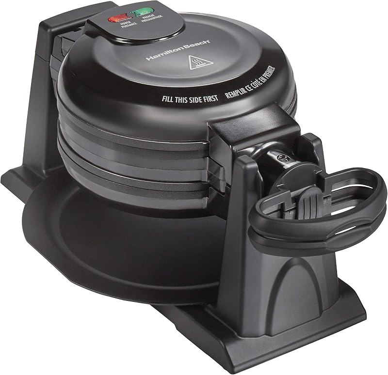 Máquina para hacer gofres belgas de doble giro | Hace 2 gofres a la vez | Platos antiadherentes extraíbles y aptos para lavavajillas sin PFAS | Luces indicadoras | Negro | 26201MN