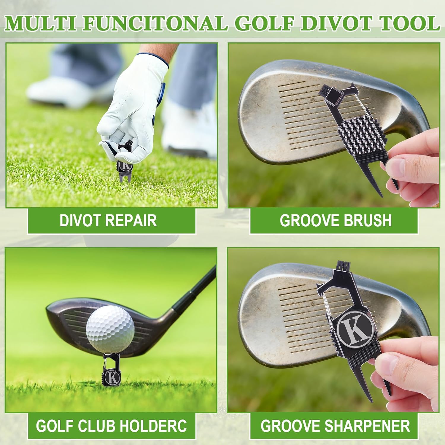 Skylety Golf Divot Repair Tool with Letter Ball Marker 6-in-1 Divot Tool Initials Ball Marker, Club Holder, Brush, Clip Buckle, Groove Cleaner Golf Accessories for Men Father Gifts image 4