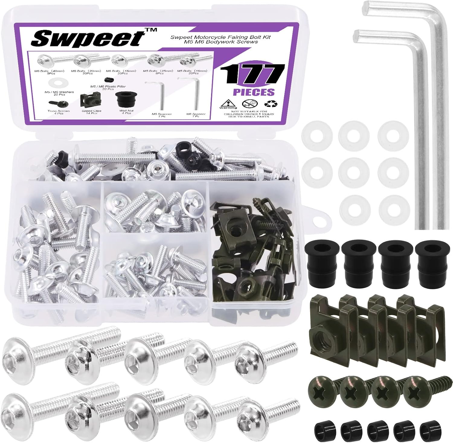 Swpeet 177Pcs 2 Sizes M5 M6 Motorcycle Fairing Bolt Assortment Kit, Motorcycle Windscreen Screws Fasteners Fixing Sportbike Bolts Fairing for All Models & Years Sport Bikes (Sliver)