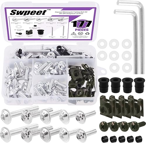 Swpeet Kit surtido de pernos de carenado de motocicleta M5 M6, 177 unidades, 2 tamaños, tornillos para parabrisas de motocicleta, tornillos de