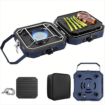 Adjustable 2-Burner Portable Stove with 16000 BTU, with Camping Grill and Carrying Bag, Portable Propane Camp Stove with 2 Burners & Piezo Ignition for Camping, Backyard BBQ,Tailgating Blue