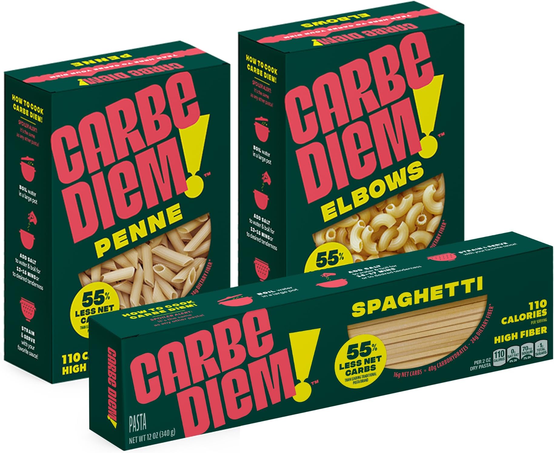 Carbe Diem!, Chef’s Kiss Sample Pack, Spaghetti, Penne & Elbow, 55% Fewer Net Carbs with Traditional Flavor & Texture, Chef's Kiss Sample Pack (Spaghetti, Penne, Elbows)
