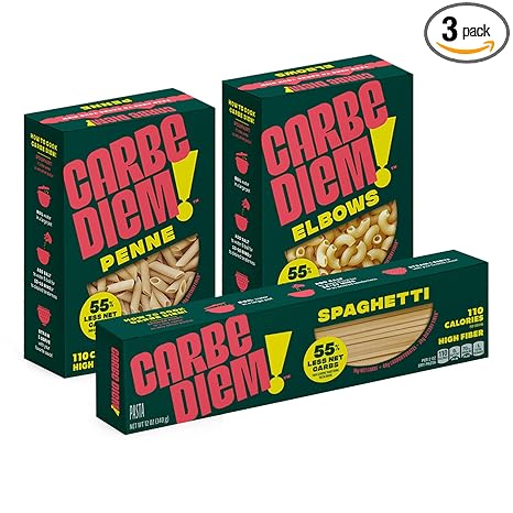 Carbe Diem!, Trio Sampler Pack, Spaghetti, Penne & Elbow, Lower Net Carb Pasta with Traditional Flavor & Texture, 8 grams of Protein, Only 110 Calories Per Serving, Pack of 3