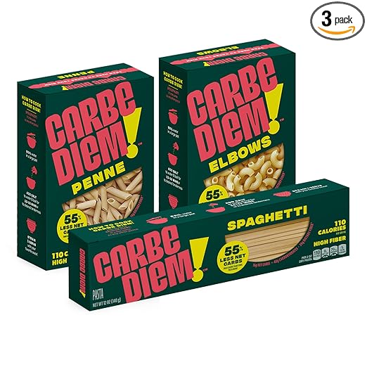 Carbe Diem!, Trio Sampler Pack, Spaghetti, Penne & Elbow, Lower Net Carb Pasta with Traditional Flavor & Texture, 8 grams of Protein, Only 110 Calories Per Serving, Pack of 3