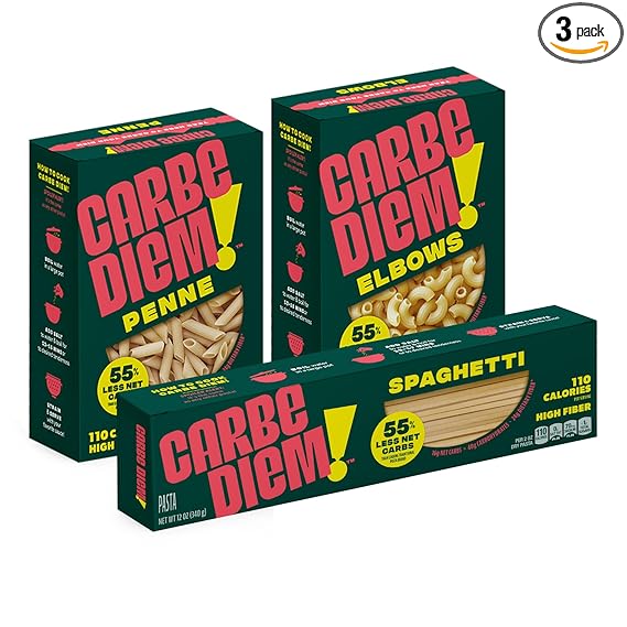 Carbe Diem!, Trio Sampler Pack, Spaghetti, Penne & Elbow, Lower Net Carb Pasta with Traditional Flavor & Texture, 8 grams of Protein, Only 110 Calories Per Serving, Pack of 3