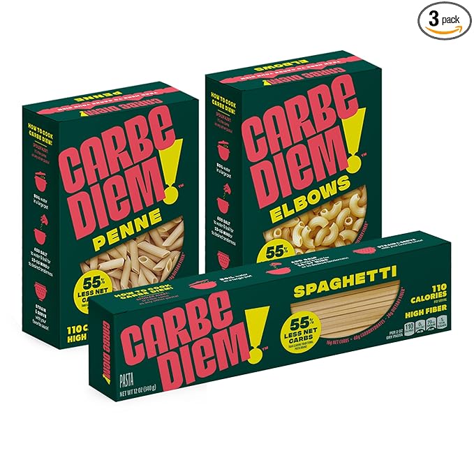 Carbe Diem!, Trio Sampler Pack, Spaghetti, Penne & Elbow, Lower Net Carb Pasta with Traditional Flavor & Texture, 8 grams of Protein, Only 110 Calories Per Serving, Pack of 3