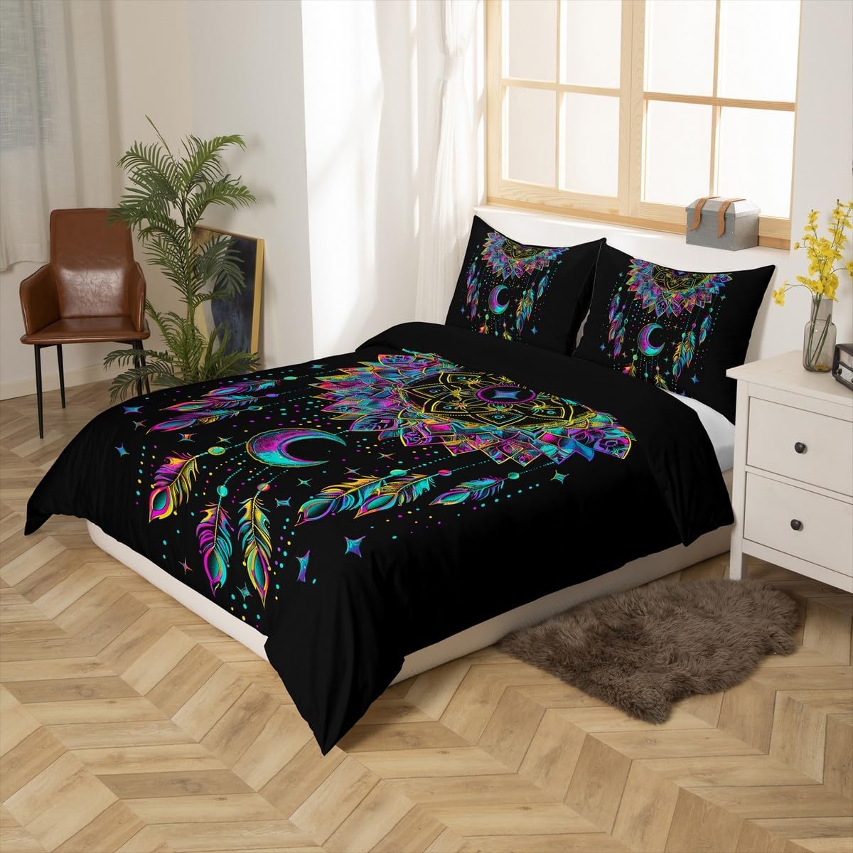Erosebridal Dream Catcher Comforter Cover Boho Floral Duvet Cover,Dreamy Mandala Paisley Bedding Set Nordic Medallion Dreamcatcher Feather Bed Set Full,Ethnic Aesthetic Room Decor,Black