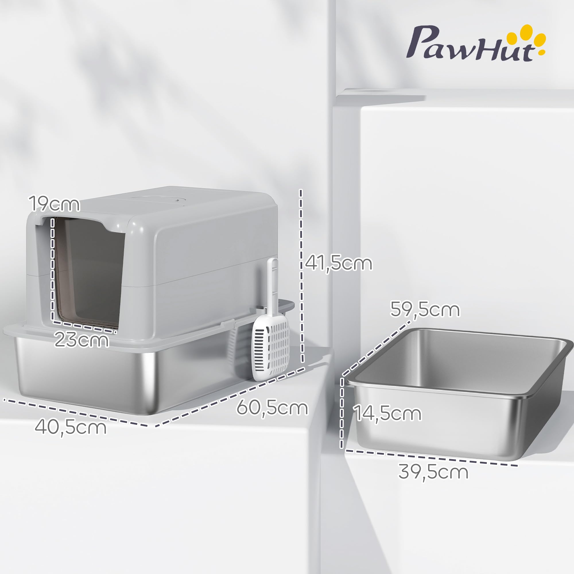 Bandeja Sanitaria PawHut de Acero Inoxidable con Tapa, Bandeja Sanitaria con cubeta, Filtro de Arena Incorporado, Incluye recogedor de Arena, para Gatos Grandes, Gris | Inodoro para gatos de acero inoxidable con bañera, filtro difuso integrado, pala para