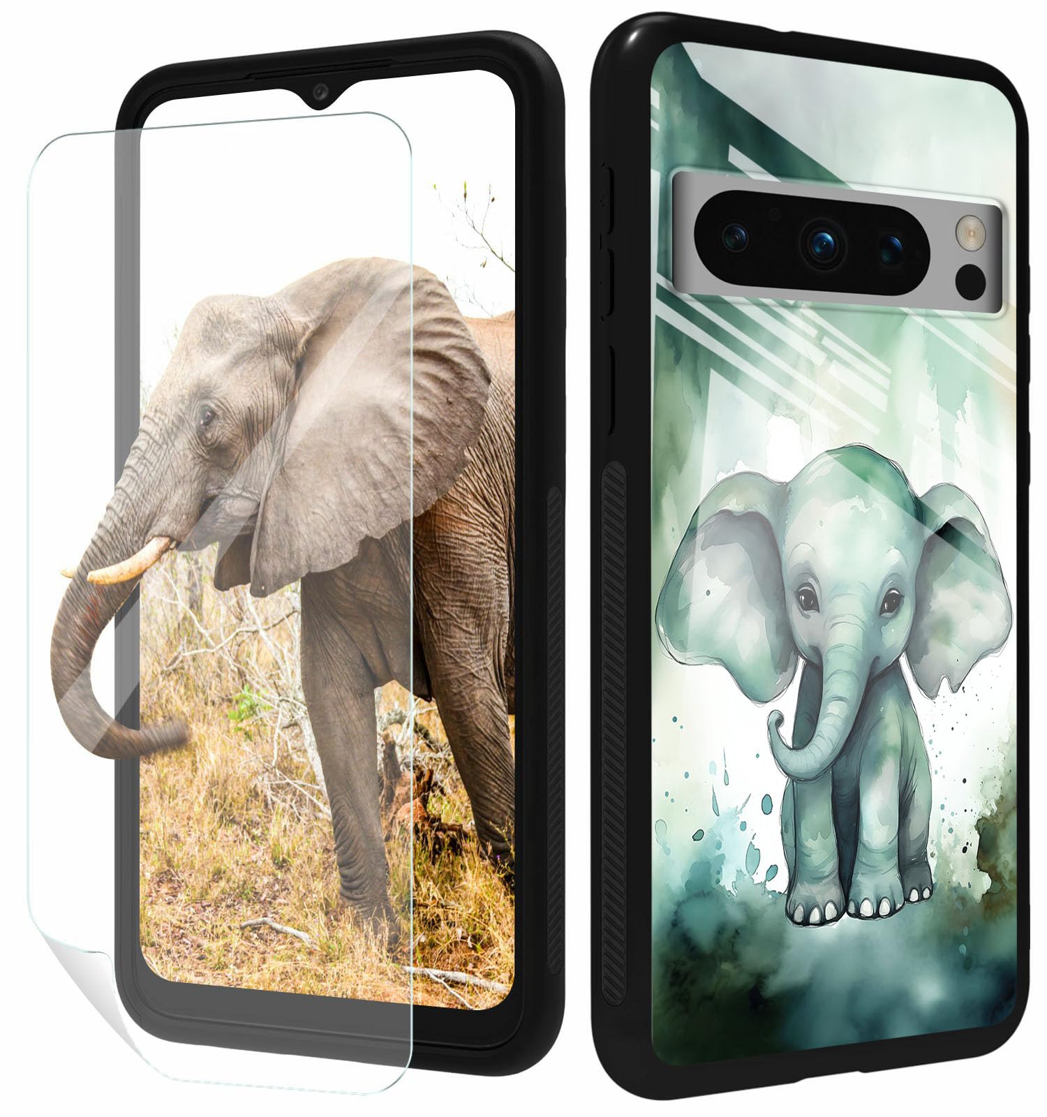for Google Pixel 8 Pro Phone Case 6.7" with Screen Protector Slim Tempered Glass Black Cover Art Elephant Design for Men Women Shockproof Protective Case for Pixel 8 Pro 6.7 inch 2023
